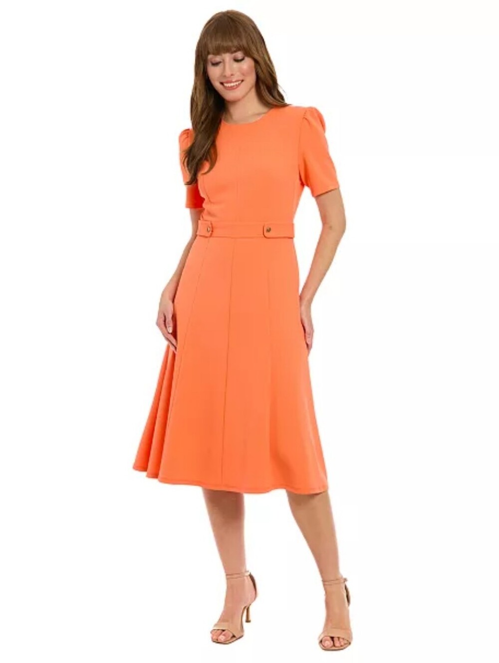 London Times Short Sleeve Fit & Flare Midi Dress Salmon Color Sz 8 NWT